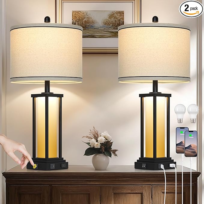 27" Tall Vintage Table Lamp Set of 2 with USB C+A & Outlet,Farmhouse Nightstand Lamp for Living Room,Rustic Retro Bedside Lamps with Red-Orange Glass Night Light for Bedroom Entryway,Black-2 - Bloomnest