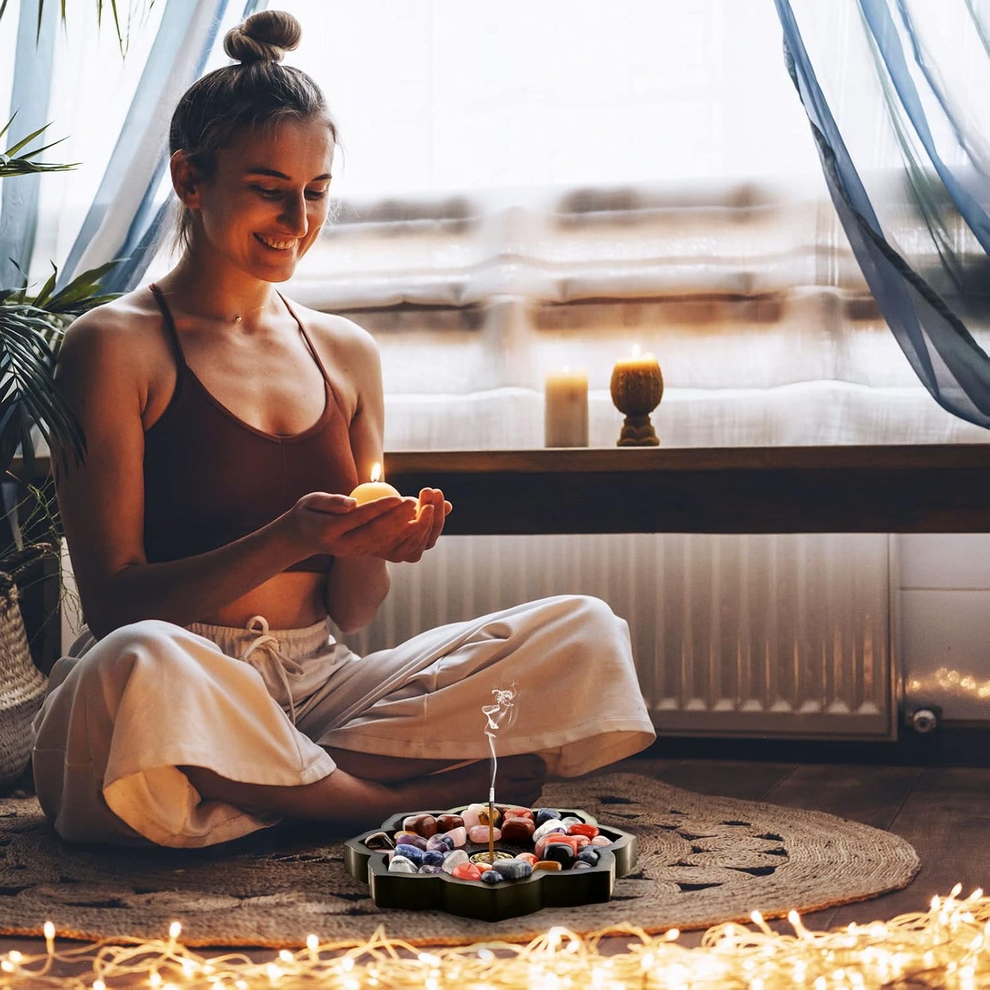 Lotus Crystal Tray, Wooden Incense Burner for Stick/Cone, Gemstone Display Holder, Organizer for Rocks, Essential Oil, and Jewelry