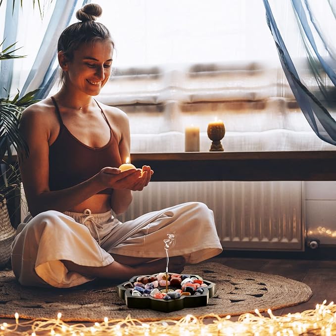 Lotus Crystal Tray, Wooden Incense Burner for Stick/Cone, Gemstone Display Holder, Organizer for Rocks, Essential Oil, and Jewelry - Bloomnest