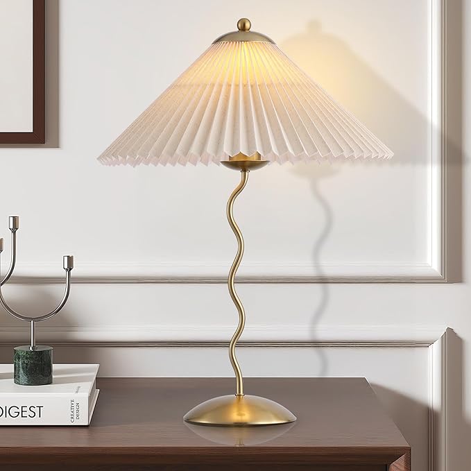 Pleated Table Lamp, S Tube Modern Table Lamp for Bedroom, Bedside Lamps with Organic Textured Linen Lampshade for Nightstand Bedroom Home Office Decor, Gold - Bloomnest