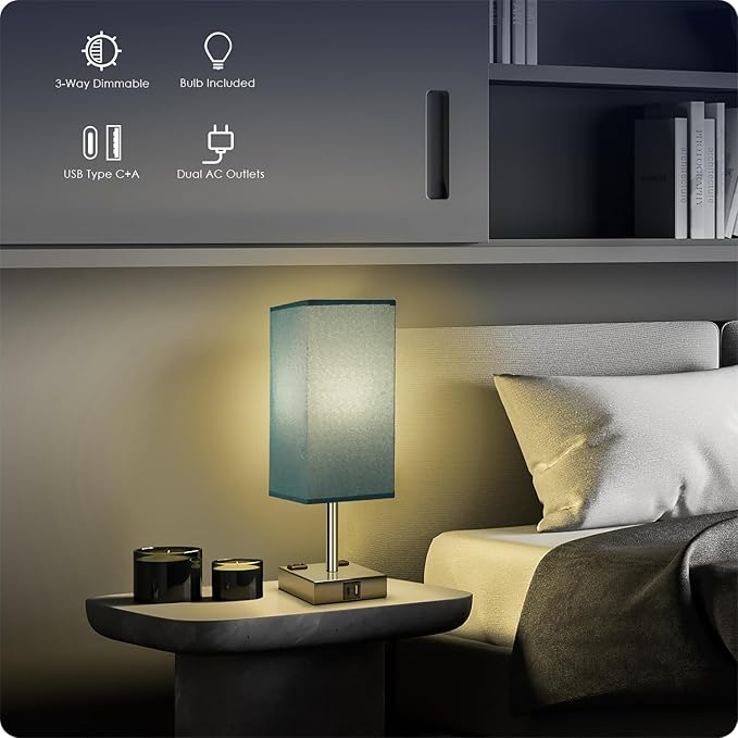 Bedside Lamp with USB Ports - Touch Control Table Lamp for Bedroom with USB C+A Charging Ports & AC Outlets, 3 Way Dimmable Nightstand Light with Flaxen Shade for Living Room (LED Bulb Included, Blue) - Bloomnest