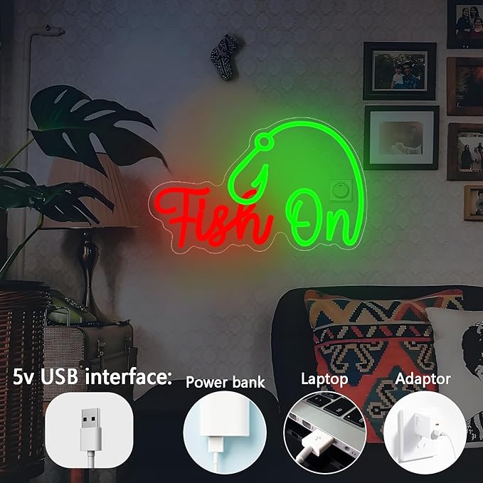 Fishing Neon Sign Dimmable Fish On Led Sign for Wall Decor Fish Neon Light Up Sign for Bedroom Living Room Home Party Gifts for Fishing Lovers Kids Teens Adults - Bloomnest