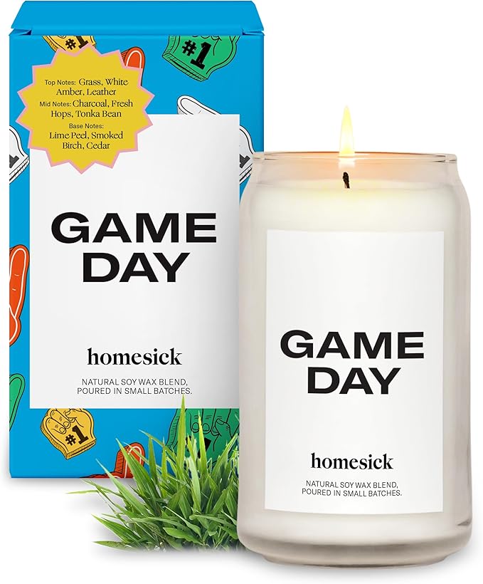 Homesick Scented Candles for Home (Game Day) - 13.75 oz Long-Lasting Soy Wax Blend Jar Candle Gifts for Women & Men, 60-80 Hours Burn Time - Notes of White Amber, Tonka Bean & Smoked Birch - Bloomnest