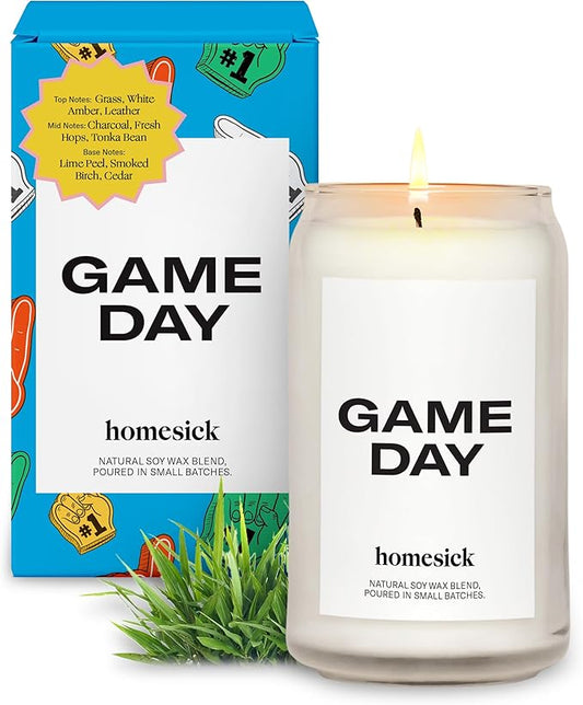 Homesick Scented Candles for Home (Game Day) - 13.75 oz Long-Lasting Soy Wax Blend Jar Candle Gifts for Women & Men, 60-80 Hours Burn Time - Notes of White Amber, Tonka Bean & Smoked Birch - Bloomnest