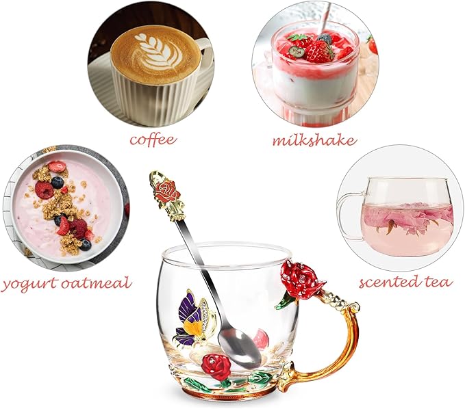 Flower Tea Cup ,Butterfly Rose Clear Glass Fancy Coffee Mug with Spoon,Gift Box for Her Mom Wife Grandma Girls Friends Valentines Christmas Birthday Present Idea for Juice,Hot And Cold Drinks Use - Bloomnest
