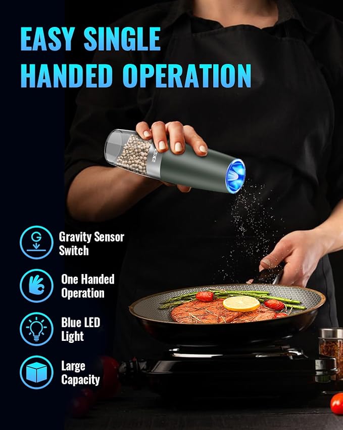XinXu Gravity Electric Pepper and Salt Grinder Set, Adjustable Coarseness, Battery Powered with LED Light, One Hand Automatic Operation, Dark Green - 2 Pack - Bloomnest