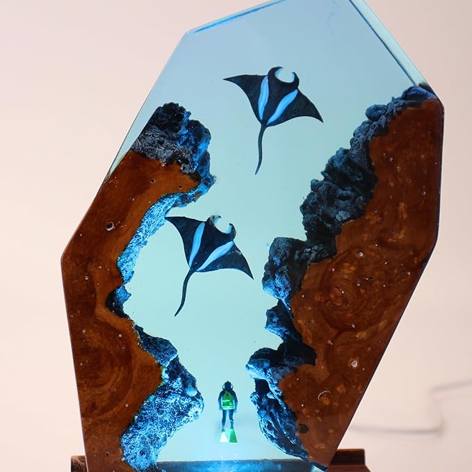 Handmade 3D Ocean Resin Lamp, Epoxy Ocean Night Light with Wooden Base, LED Color Changing Table Lamp, USB Powered Dragons Decor, Unique Ocean Gift for Bedroom & Home Office (Manta Ray) - Bloomnest