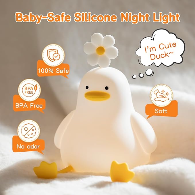 Cute Duck Night Light for Baby, Kids, Toddler, Ambient Nursery Nightlight, Soothing Lamp 3 Level Dimmable, Sleeping Accompanion for Bedroom Bedside, Rechargeable Battery, 30 Min Timer Off - Bloomnest