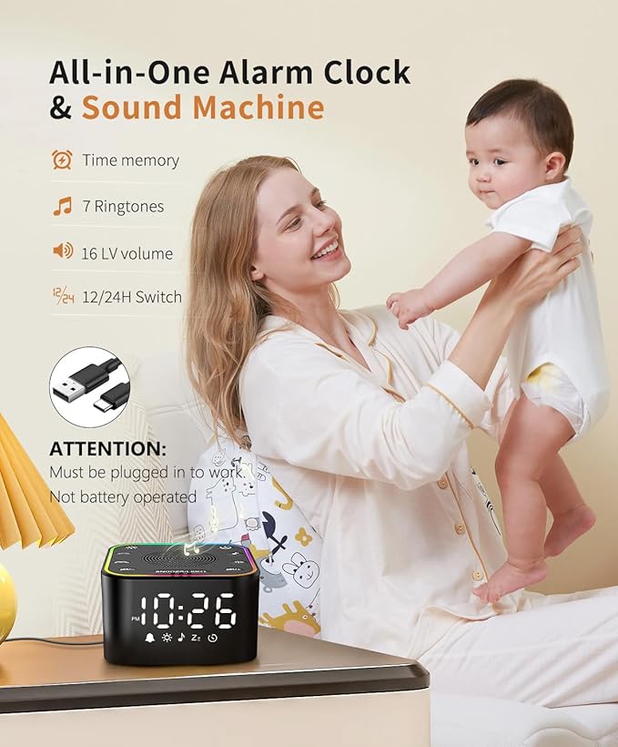 White Noise Sound Machine, Alarm Clock with Sound Machine for Sleeping, White Noise Machine with Digital Clock for Bedrooms, RGB Night Light, 30 Soothing Sounds for Baby Kids Adults - Bloomnest