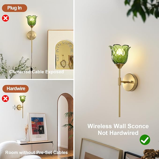 2 Pack Vintage Battery Operated Wall Sconce with Green Glass Lampshade, Wireless Rechargeable Battery Powered RGB Wall Light with Remote Control, for Bedside Bedroom Doorway - Bloomnest