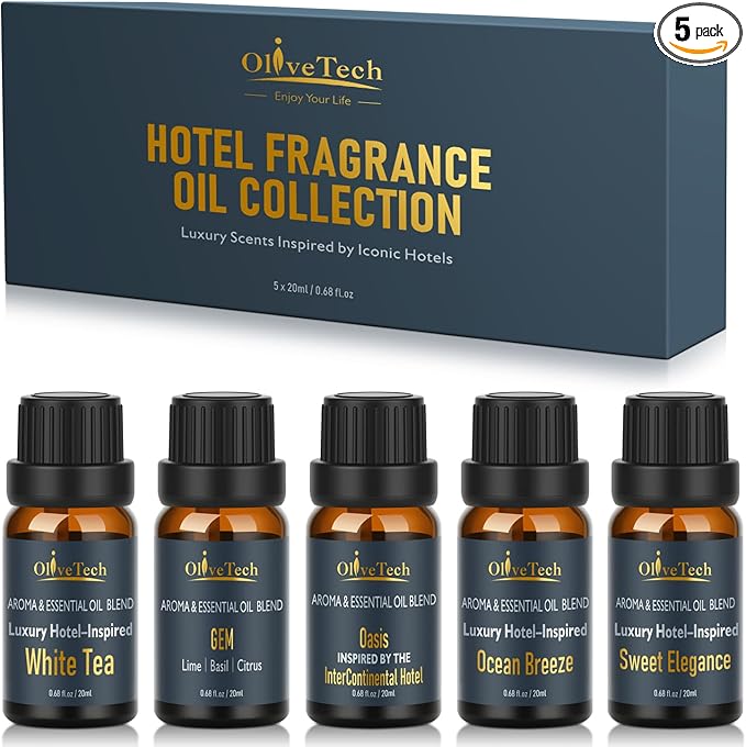 Hotel Collection Diffuser Oil Gift Set - 5 x 20ml / 0.68 fl oz, OliveTech Hotel Fragrance Oil Inspired by Iconic Luxury Hotel, White Tea, GEM & Oasis Scents, Glass Bottles OliveTech