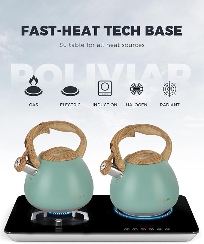 POLIVIAR Tea Kettle, 2.7 Quart Blue Finish with Wood Pattern Handle Loud Whistle Food Grade Stainless Steel Teapot, Anti-Hot Handle and Anti-Rust, Suitable for All Heat Sources JX2025-TB30 - Bloomnest