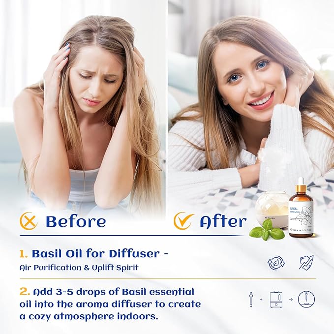 HIQILI Basil Essential Oil, 100% Pure & Natural, Diffuser in Bedroom, Yoga, Mediation for Calming Relaxation Mood, Hair Growth, Body Massage, DIY Sweet Herbal Scented Soap Gifts- 100ML - Bloomnest