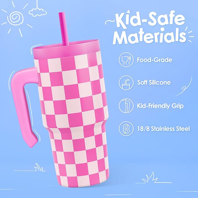 Checkered Tumbler 20oz with Handle and Silicone Straw Lid for Kid, Reusable Stainless Steel Water Bottle, Spill Proof and Leak Resistant, Gift for Kids Girls - Bloomnest