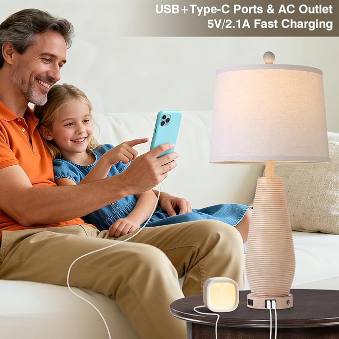 Farmhouse Table Lamps Set of 2 with USB C+A Ports and AC Outlet, 3 Way Touch Rustic Bedside Lamps for Living Room, 26.5" Cream Vintage Lamps for Bedroom Nightstand - Bloomnest