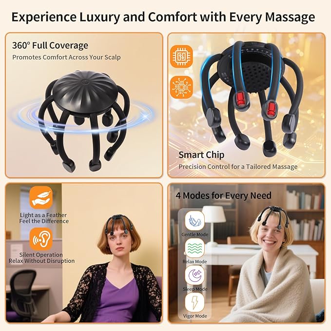 Hands-Free Scalp Massager, Electric Octopus Head Massager, Wearable Multi-Point Vibration Scalp Massager, Quiet & Lightweight for Work, Gaming & Relaxation, Tech Gifts for Men Women Bloomnest