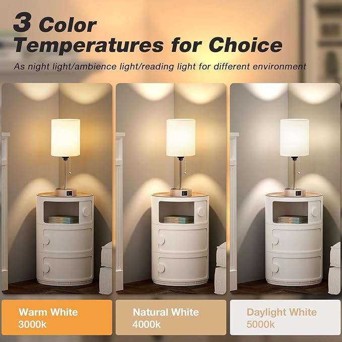 Small Bedside Table lamp for Bedroom - 3 Color Temperatures Bedside Lamps with USB C and A Ports, Pull Chain Table Lamps with AC Outlet, Gold Nightstand Lamps with White Shade for Kids Reading - Bloomnest