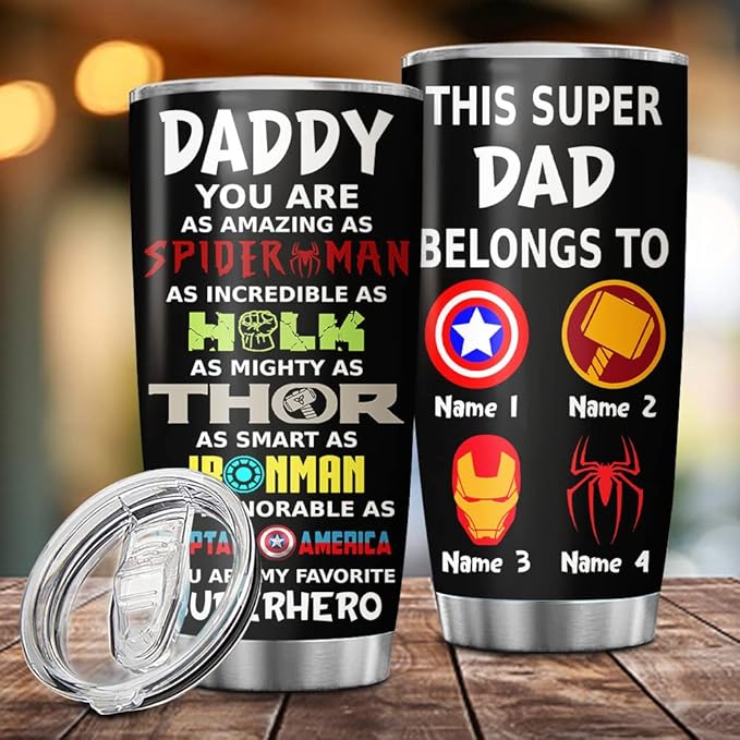 Custom Daddy You Are My Superhero Personalized Tumbler Cup Father's Day Gift, Gift For Dad, Father, Papa, Grandpa 20oz Insulated Coffee/Tea Tumbler with Lid - Bloomnest