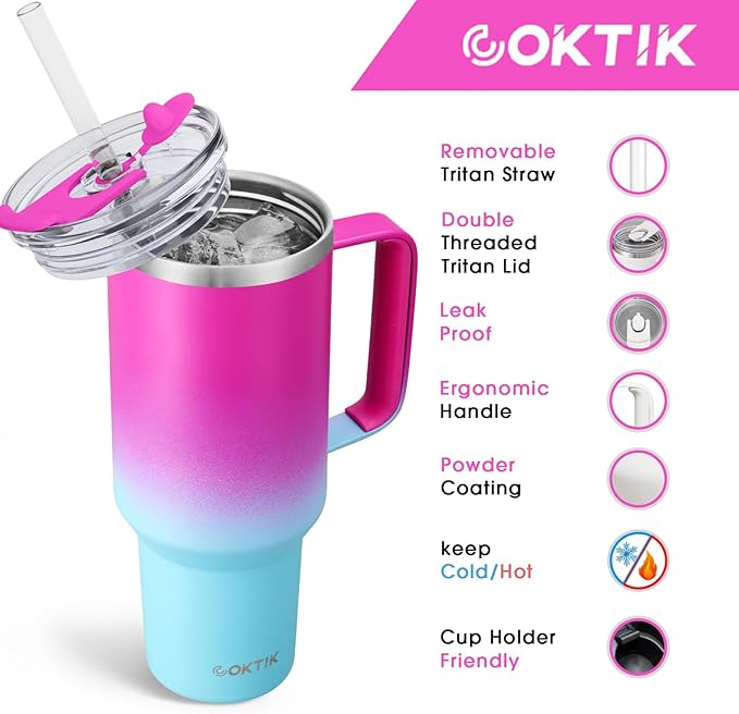 COKTIK 40 oz Tumbler With Handle and Straw Lid, Vacuum Insulated Travel Coffee Mug Stainless Steel Insulated Cup for Beverages, Leak-proof, Cupholder Friendly (Rose Plum) - Bloomnest