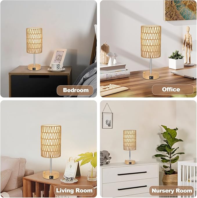 Boho Table Lamp for Bedroom with Bulb, Small Touch Control Table Lamp for Living Room with Rattan & Linen Shade, 3 Way Dimmable Bedside Lamp for Nightstand with USB Charging Port & Phone Stand - Bloomnest