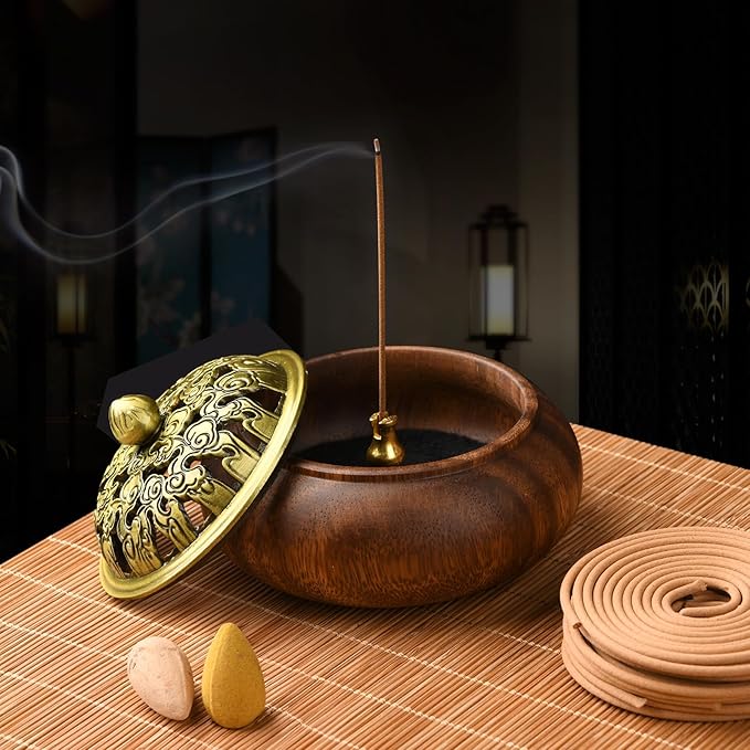 Wood Incense Burner with Holder - Handmade Smudging Bowl for Stick or Coil Incense - Walnut - Bloomnest