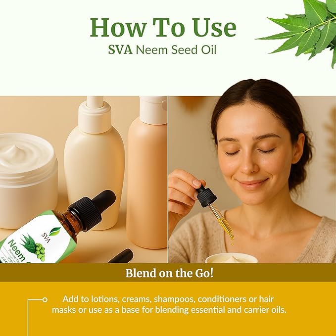 SVA Neem Seed Oil - 4 Fl Oz – 100% Natural Cold Pressed Neem Oil - for Face, Skin Care, Hair Care, Scalp Massage & Body Massage – Carrier Oil with Dropper - Bloomnest