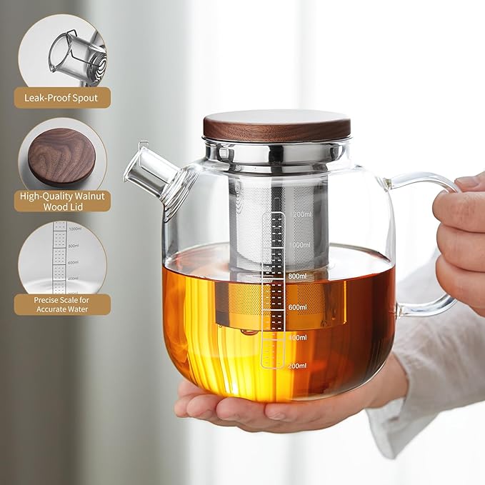 Glass Teapot With Stainless Steel Infuser 1200ml, Glass Tea Pot, Loose Leaf Tea Kettle, Glass Kettle Stovetop, Teapot With Strainer, Tea Infuser Pot Glass Teacup Tea Cups For Blooming Tea - Bloomnest