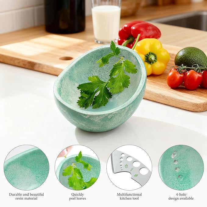 Frstem 2pcs Pottery Herb Stripper (Green Bowl+Herb Stripper),Handmade Ceramic Herb Stripper with Different Sizes of Round Holes,Kitchenware for Efficient Leaf Stripping - Bloomnest