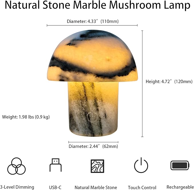 Handcrafted Natural Stone Mushroom Lamp - Rechargeable Bedside LED Night Light with Type-C Port, Unique Marble Table Lamp for Modern Interiors - Bloomnest