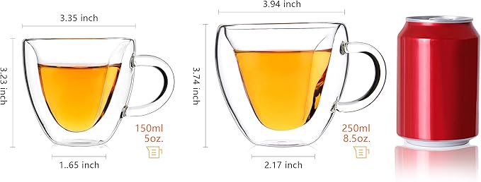 CNGLASS Mothers Day Gifts for Mom,Double Wall Heart Shaped Glass Coffee Mugs 5oz(Set of 2),Insulated Clear Tea Cups with Handle,Unique Glass Espresso Mugs for Coffee,Cappuccino,Latte,Milk - Bloomnest