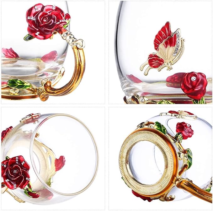 Luka Tech Enamel Butterfly flower Lead-free Glass Coffee Mugs Tea Cup with Steel Spoon, personalised Gifts For Women Wife Mom Girl Teacher Friends Birthday Mothers Valentines Day Wedding (Rose) - Bloomnest