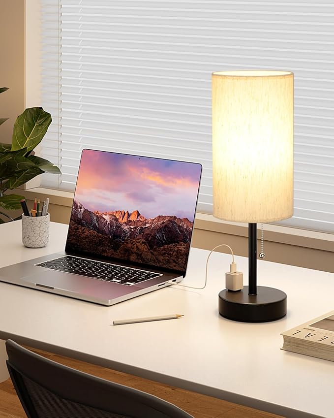 Fenmzee Plus Bedside Table Lamps Set of 2-3 Color Temperatures Pull Chain Lamp with AC Outlet Charging Port, Round Night Stand Lamps for Bedroom Guest Room Office, Bed Side Light with E26 LED Bulbs - Bloomnest