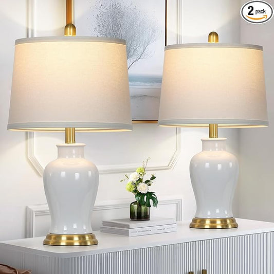 White Ceramic Table Lamps Set of 2, 23" Modern Ceramic Bedside Lamps with Ginger Jar Design, Farmhouse Lamp for Living Room End Table, Elegant Bedroom Lamp for Nightstand Desk Side Home Decor - Bloomnest