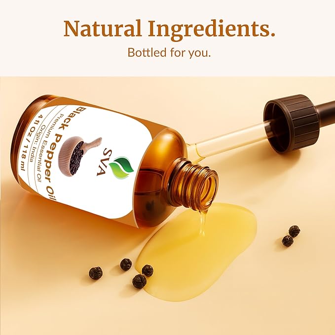 SVA Black Pepper Essential Oil – 4 Fl Oz – 100% Natural Black Pepper Oil - for Diffuser, Hair Care, Face, Skin Care, Aromatherapy, Scalp and Body Massage, Soap and Candle Making – with Dropper - Bloomnest