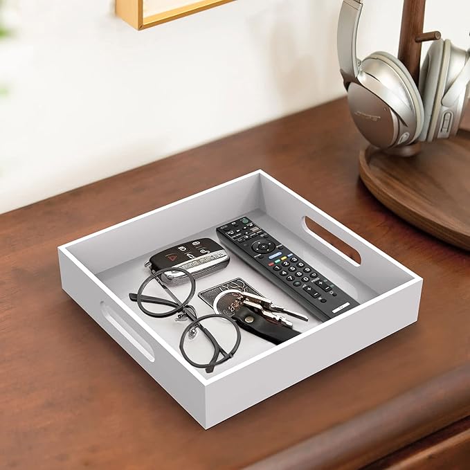 Home Decorative Coffee Table Tray, 10"x10" Elegant Acrylic Serving Trays with Handles Works for Eating, Breakfast, Makeup Drawer Organizer,Bathroom Vanity Table,Ottoman Tray, White - Bloomnest