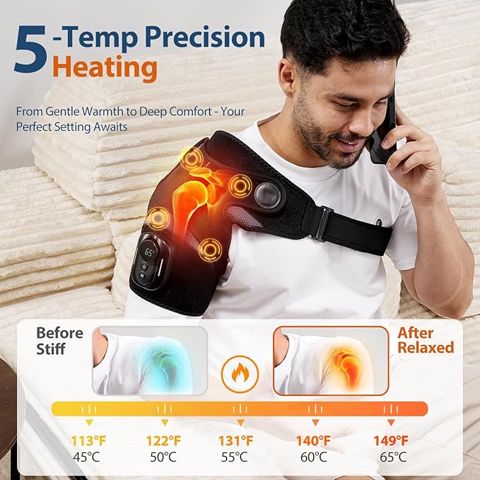 Cordless Shoulder Heating Pad with Magnetic Detachable Remote Control - Heated Massager Shoulder Brace for Pain Relief with 5 Vibration Modes & 5 Heating Levels, Gift for Men Women, Black - Bloomnest