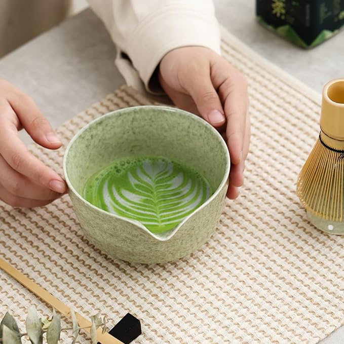 Matcha Set, Japanese Tea Set Includes Matcha Bowl with Spout, Matcha Whisk Holder, Bamboo Matcha Whisk and Bamboo Scoop, 17 oz Mottled Green Glaze Ceramic Matcha Kit for Tea Lovers - Bloomnest