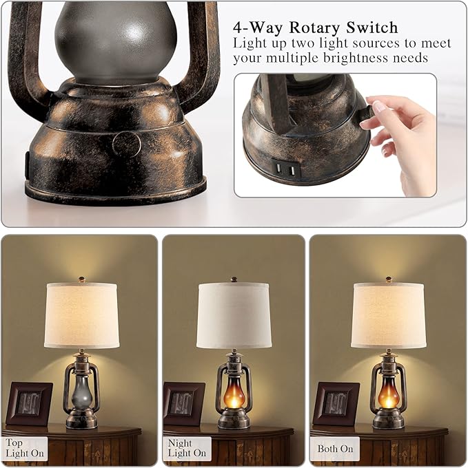 Farmhouse Rustic Table Lamps for Bedroom Set of 2, Vintage Lantern Lamp with Dual USB Charging Ports,25" Retro Antique Bedside Nightstand Desk Lamp for Living Room End Table Entryway, 4 Bulb Included - Bloomnest