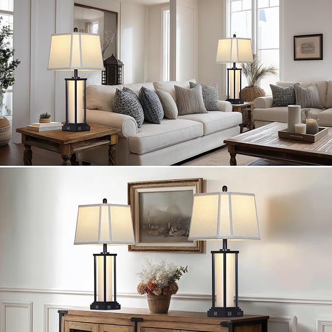 27" Tall Vintage Table Lamp Set of 2 with USB C+A & Outlet,Black Industrial End Table Lamp for Living Room,Farmhouse Rustic Bedside Lamps with Bell Lampshades for Bedroom Nightstand,Black - Bloomnest