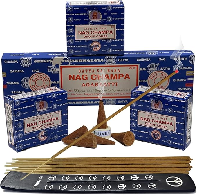 Nag Champa Incense Sticks 100g and Cones Variety Pack with Burner Holder Bundle from Satya Incense 100g Trumiri for Smudging and Aroma