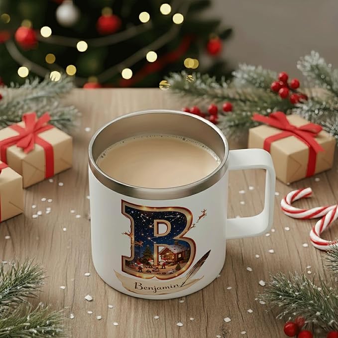 Personalized Christmas Mug | Custom Storybook Initial Insulated Coffee Cup with Handle & Lid | 12oz Magical Holiday Tumbler, Unique Gift for Readers & Kids (B18) - Bloomnest