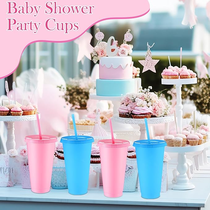Honeydak 30 Pack Tumbler with Straw and Lid Bulk Water Bottle Iced Coffee Travel Mug Cup Reusable Plastic Cups for Party Birthdays 24-27 oz (Pink and Blue Color) - Bloomnest
