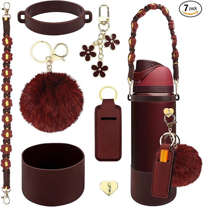 Compatible for Owala Accessories Bundle: Silicone Boot for 24oz & 32oz Bottles, Charms, Handle, Strap, Rubber Bottoms, and Decorative Add-ons for Your Compatible for Owala Water Bottle, Black Cherry Bloomnest