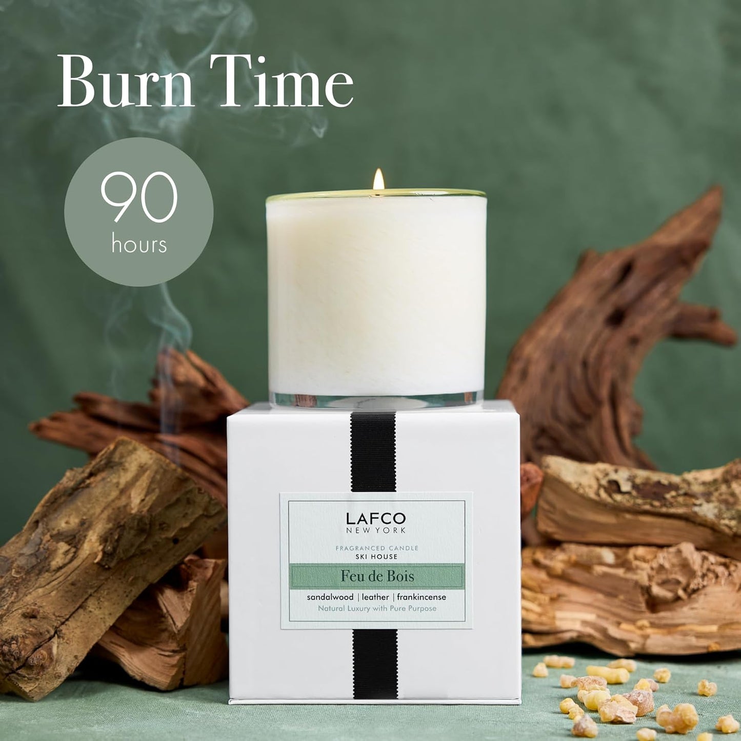 LAFCO New York Signature Candle, Feu de Bois - 15.5 oz - 90-Hour Burn Time - Reusable, Hand Blown Glass Vessel - Made in The USA