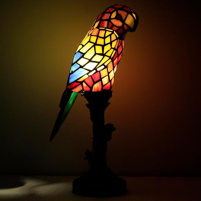Small Tiffany Lamp Parrot Table Lamp Stained Glass Accent Lamp 15.3 Inch Tall Mini Desk Bedside Night Light for Kids Bedroom (Red) - Bloomnest