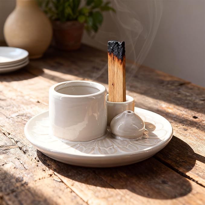 4 in 1 Ceramic Incense Holder, Palo Santo Stick Holder, Sage Holder for Burning, 5.2" Ash Catcher Tray for Meditation, Yoga & Home Decor (White)