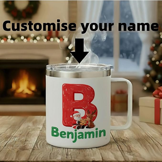Personalized Christmas Insulated Coffee Mug with Handle – Custom Initial Letter [I] Double Wall Stainless Steel Travel Tumbler for Drinks – Unique Holiday Gift for Men, Women, & Kids(B115) - Bloomnest