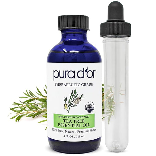 PURA D'OR ORGANIC Tea Tree Melaleuca Essential Oil (4 Oz with Glass Dropper) 100% Pure & Natural Therapeutic Grade For Hair, Body, Skin, Scalp, Aromatherapy Diffuser, Cleansing, Purify, Home, DIY Soap - Bloomnest