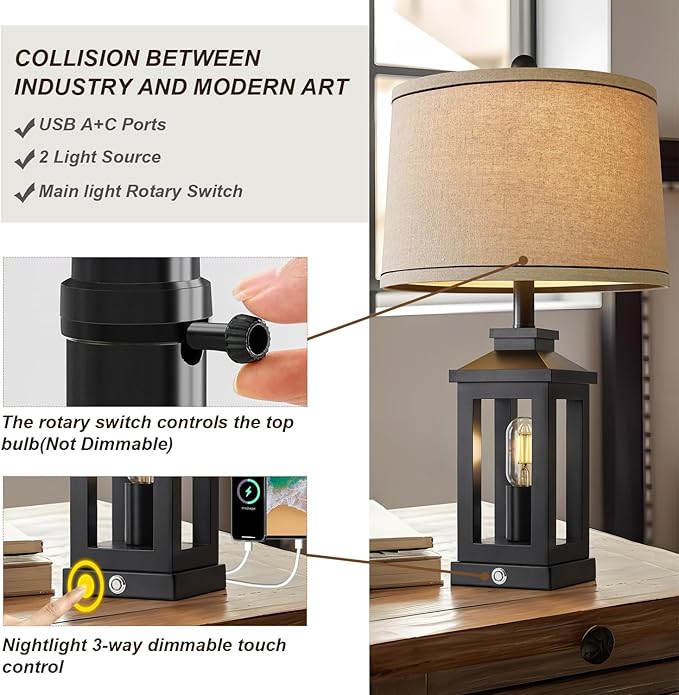 23.75" Retro Farmhouse Black Table Lamp for Living Room Bedroom Nightstand Set of 2 Touch Control Bedside Nightlight Vintage Modern Lamp with USB C+A Ports and 2 Light Sources - Bloomnest