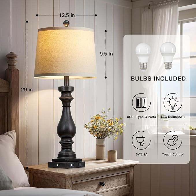 29" Tall Vintage Table Lamps Set of 2,Black Farmhouse Bedside Lamps with USB C+A Ports & AC Outlet,3-Way Dimmable Touch Lamp for Night Stands Living Room Bedroom,Black - Bloomnest